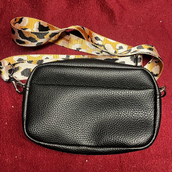 Handbags - black crossbody purse with interchangable straps - leopard and black/gray stripe